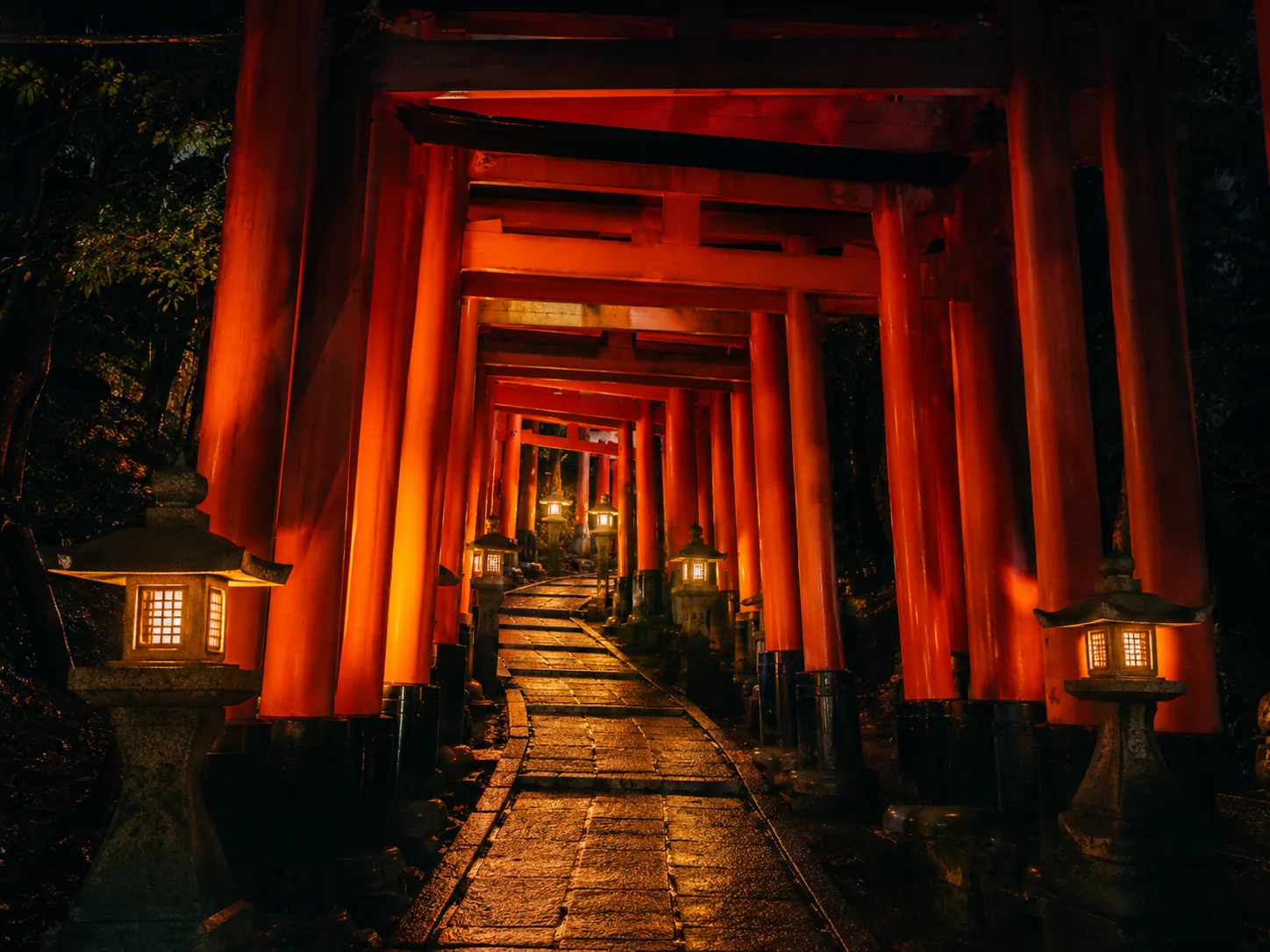 Lantern-lit lower torii gates at dusk on the night walking tour